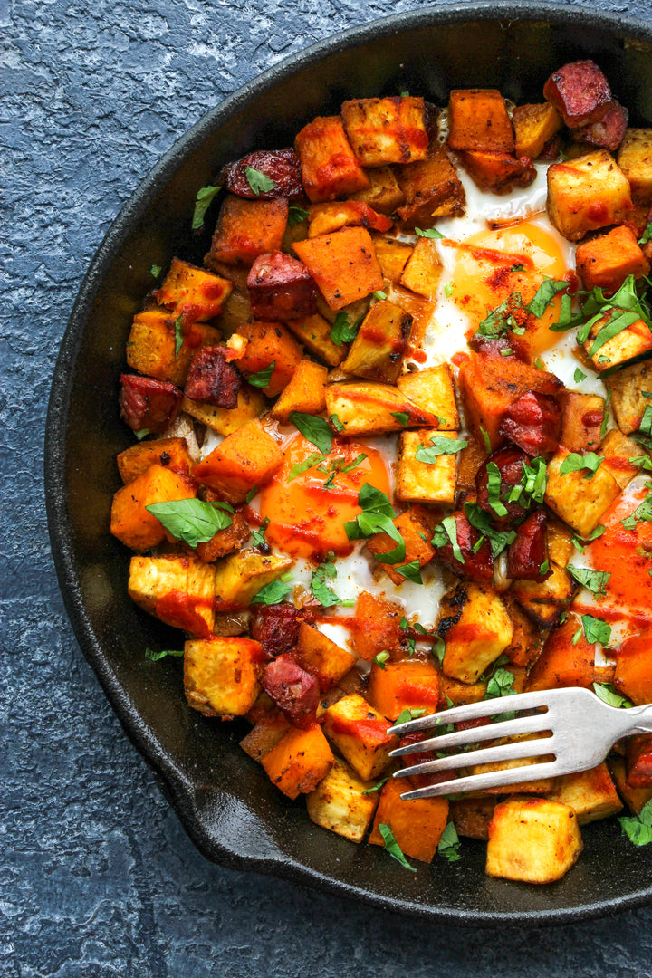 Spicy Chorizo, Kumara with Fried Eggs