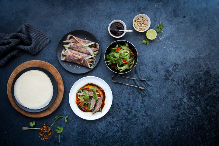 Duck Pancakes with Hoisin Sauce, Cucumber & Spring Onion