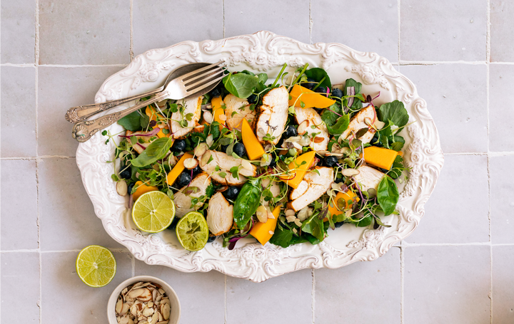 Grilled chicken, mango and blueberry salad